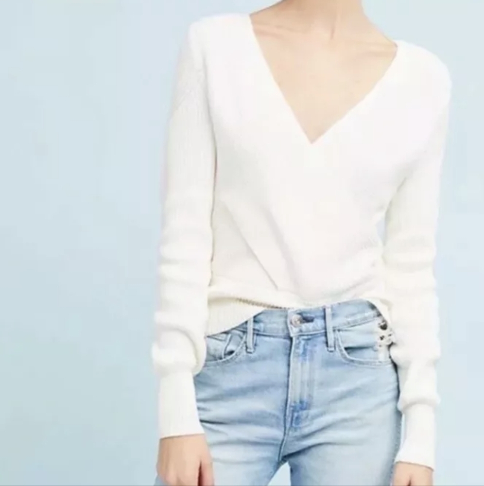 4/$40 Anthropologie Moth | Liza Faux Wrap V-neck Ribbed Sweater Knit Cream XS